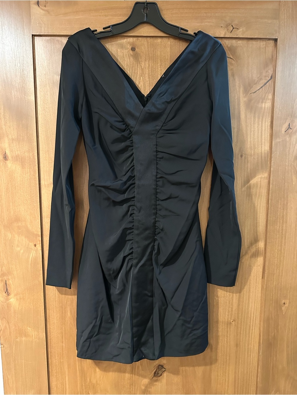 Halston Heritage Black Ruched V-Neck Long Sleeve Mini Dress